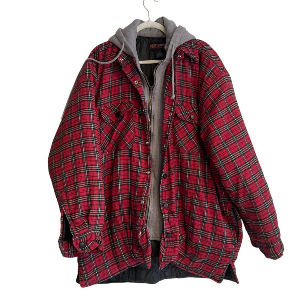 Vintage Northpoint Red Gray Plaid Hooded Full Zip Western Utility Shacket Sz XL